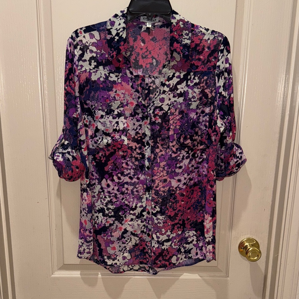 Express Portofino Blouse 
Purple Multi Floral Button-Down Blouse